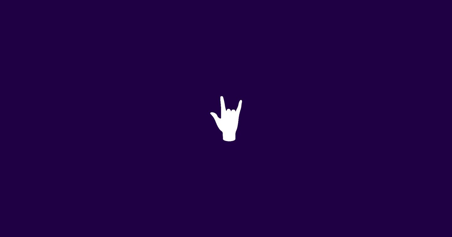 arrière-plan mauve avec un icône d'une main qui fait le signe "Rock!"